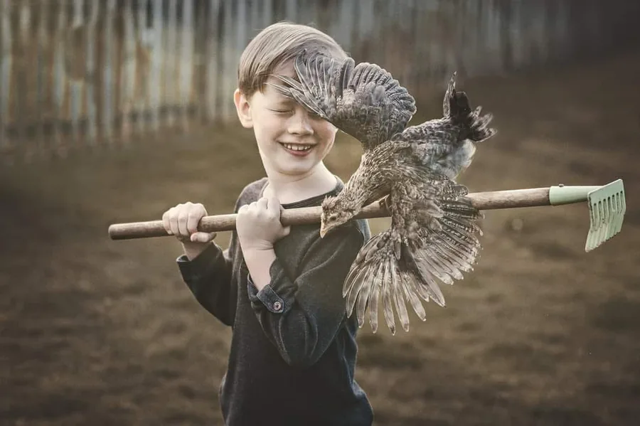 Pojke med fågel under konstnärlig barnfotografering av Alnwick Photo